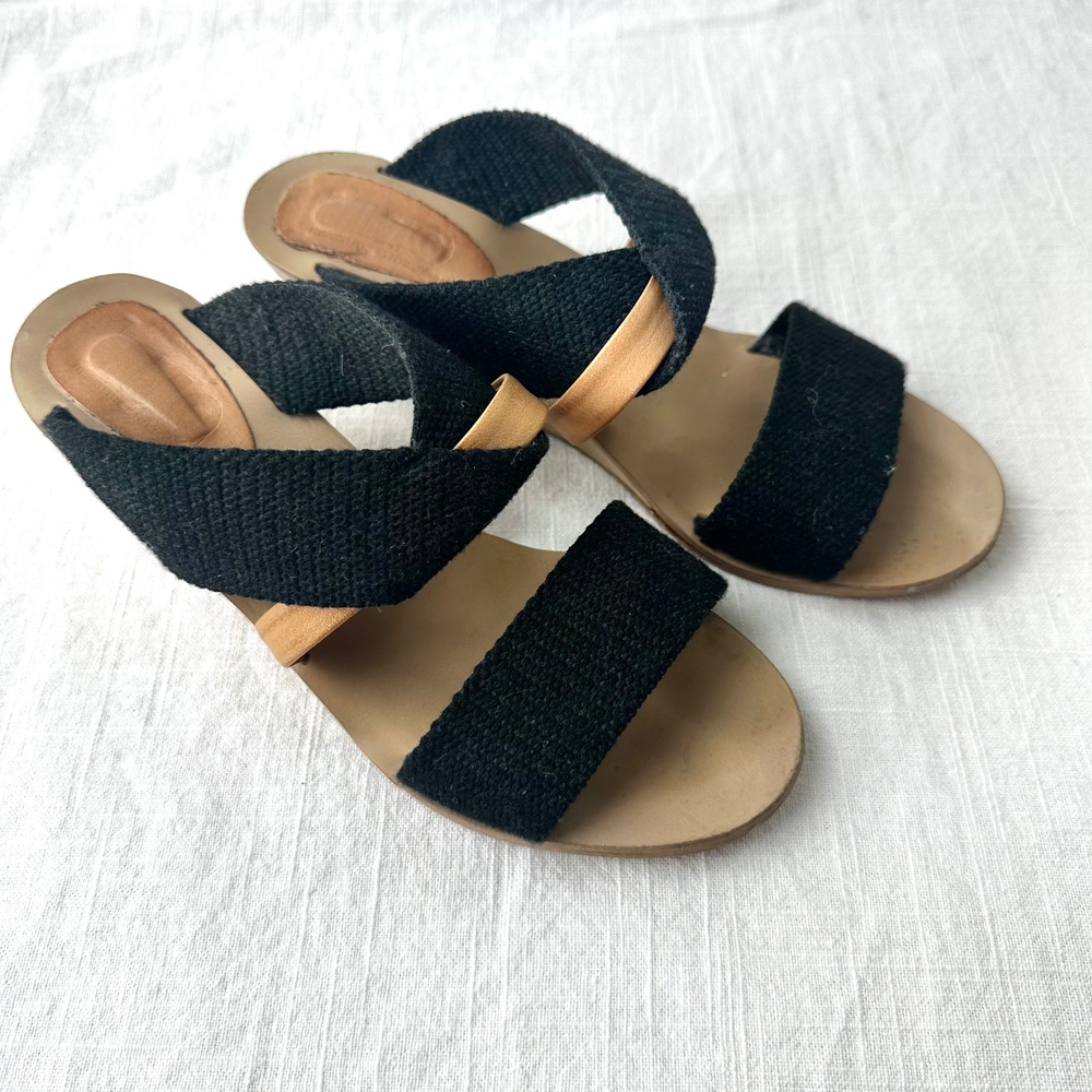 MM6 Maison‎ Margiela Wedge Sandals Black Fabric Strappy Slip On Slides 37
